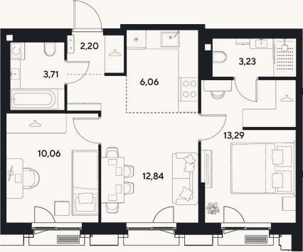 Планировка: 3-к, 51,4 м²