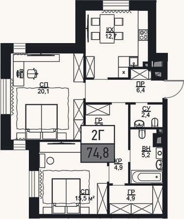 Планировка: 2-к, 74,8 м²
