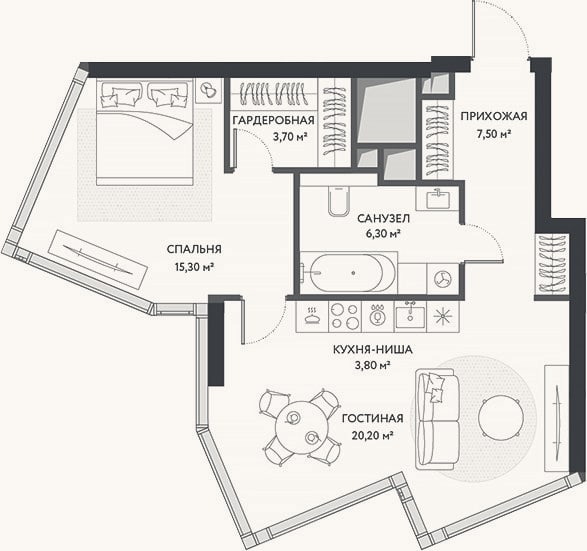 Планировка: 2-к, 56,8 м²
