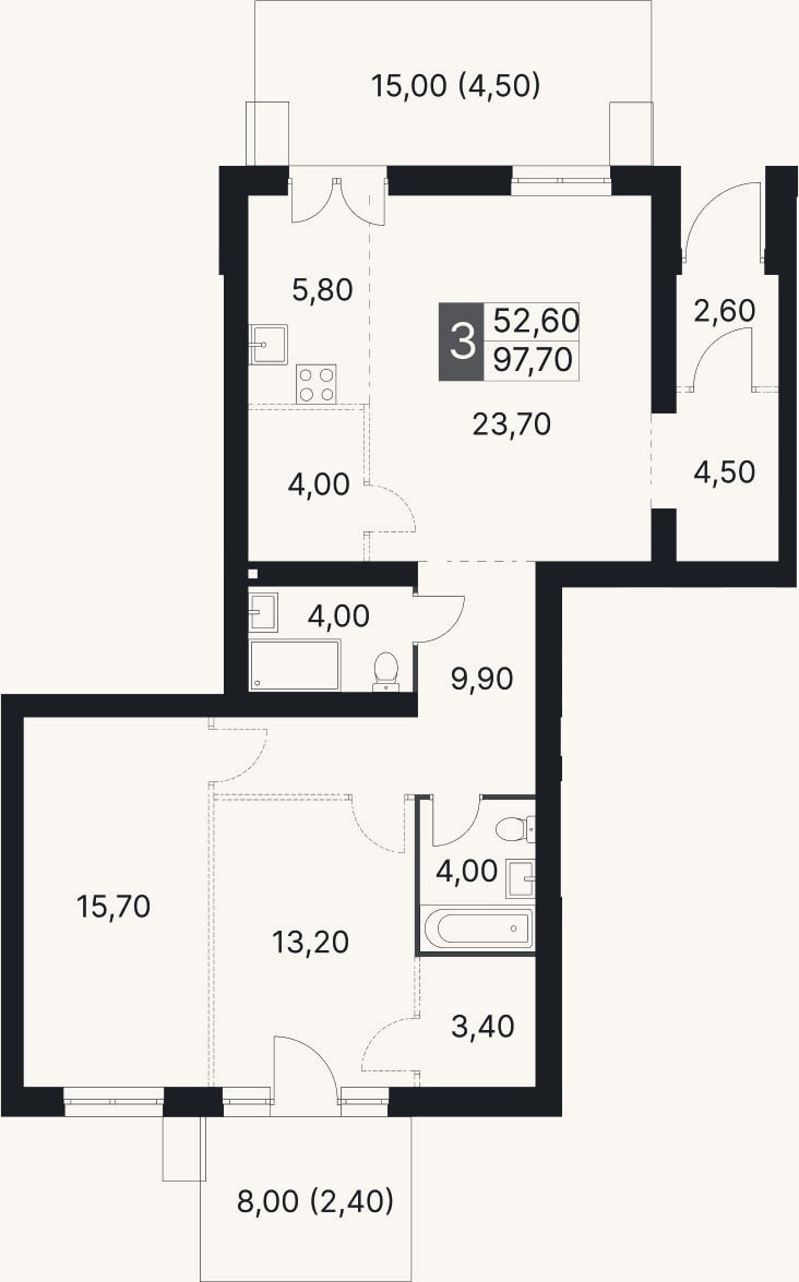 Планировка: 3-к, 90,8 м²