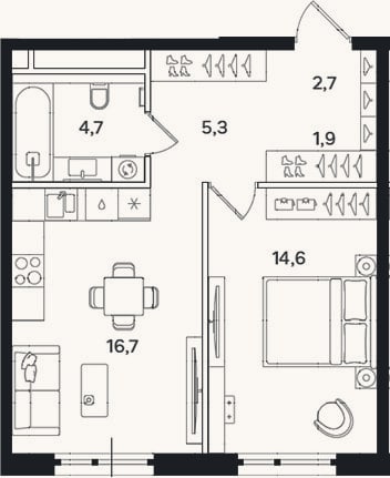 Планировка: 1-к, 45,9 м²