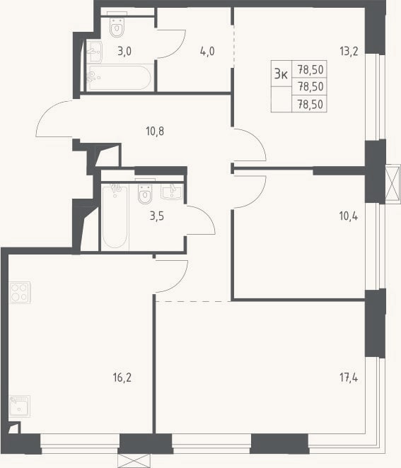 Планировка: 3-к, 78,5 м²
