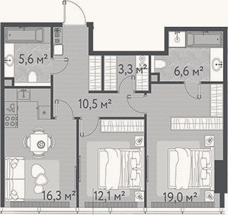 Планировка: 3-к, 73,4 м²