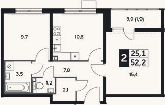Планировка: 2-к, 51,3 м²