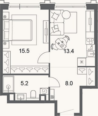Планировка: 2-к, 42,1 м²