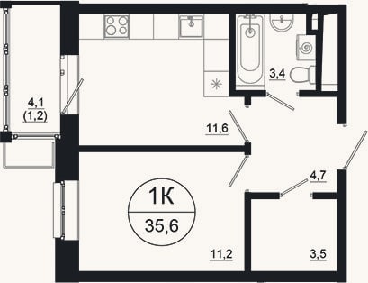 Планировка: 1-к, 34,4 м²