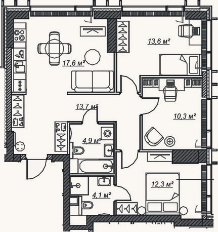 Планировка: 4+ к, 76,6 м²