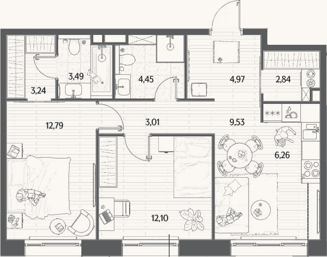 Планировка: 3-к, 62,7 м²