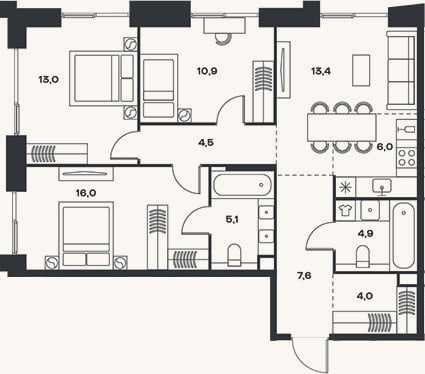 Планировка: 4+ к, 85,4 м²