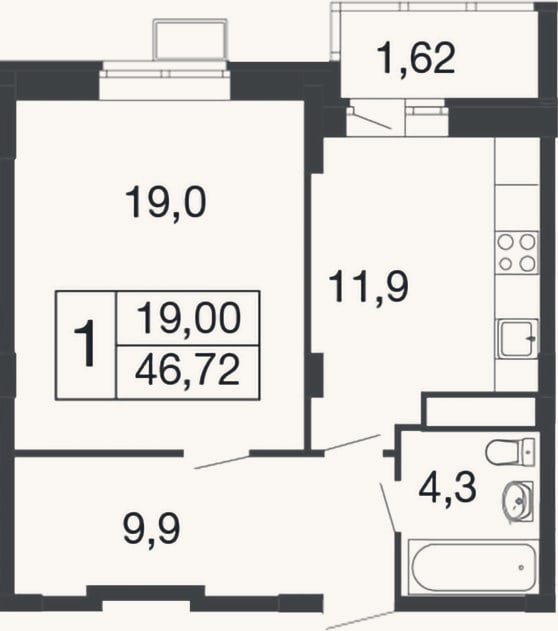 Планировка: 1-к, 45,1 м²
