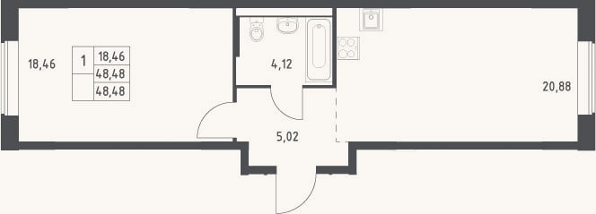 Планировка: 2-к, 48,5 м²