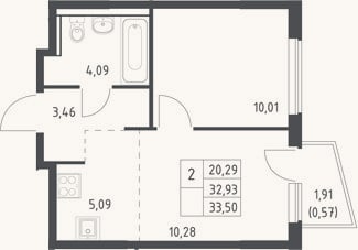 Планировка: 2-к, 32,9 м²
