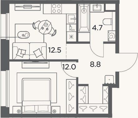 Планировка: 1-к, 38 м²