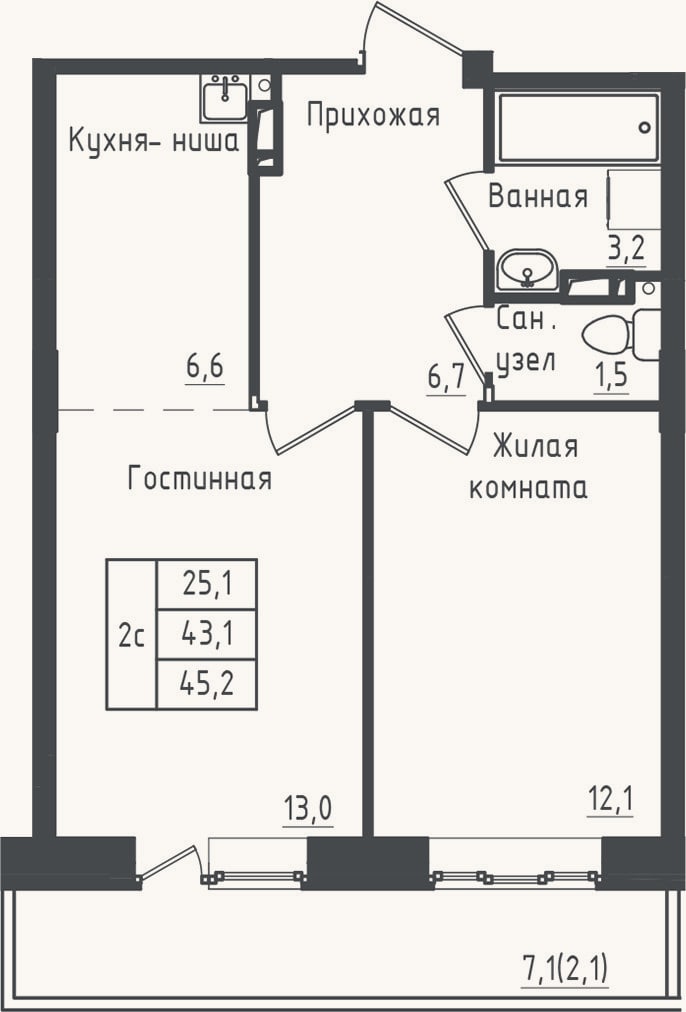 Планировка: 1-к, 43,1 м²