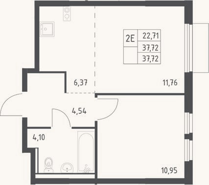 Планировка: 2-к, 37,7 м²