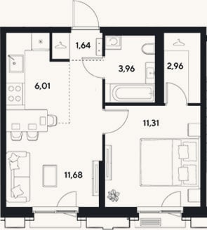 Планировка: 2-к, 37,6 м²