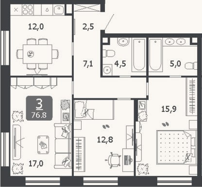 Планировка: 3-к, 76,8 м²