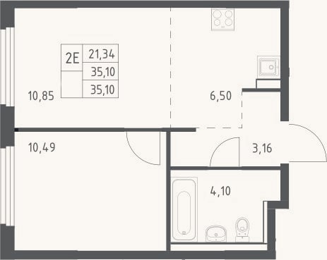 Планировка: 2-к, 35,1 м²