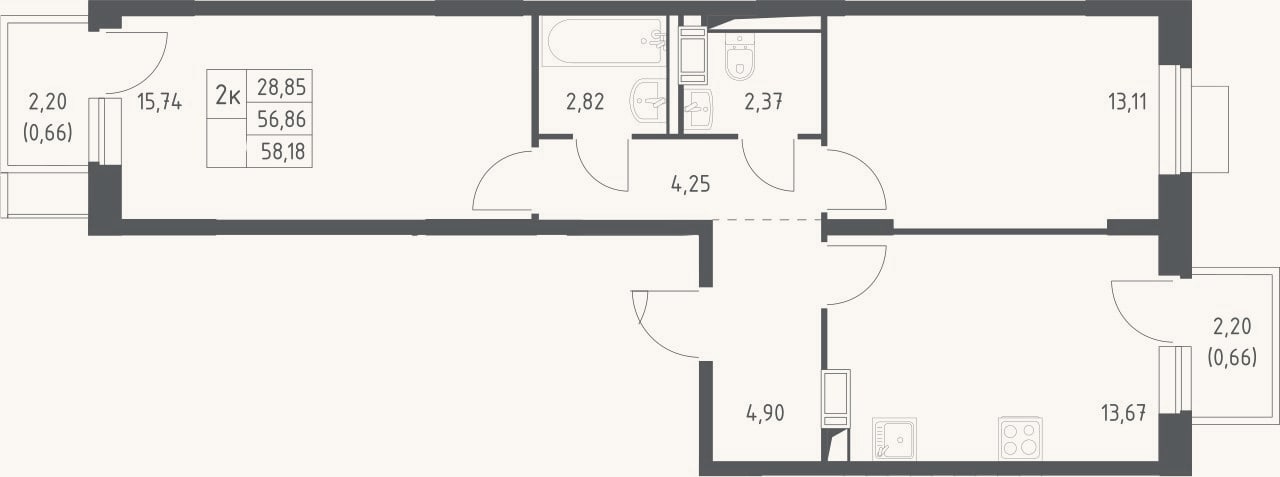 Планировка: 2-к, 56,9 м²
