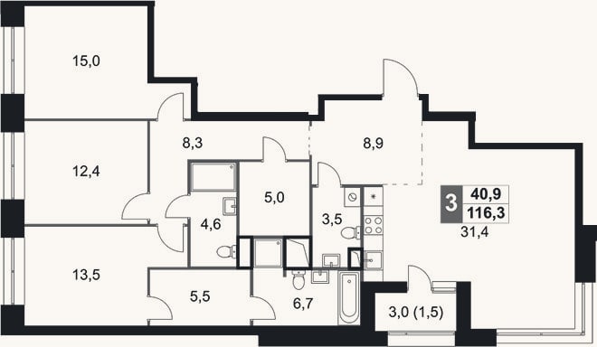 Планировка: 4+ к, 114,8 м²