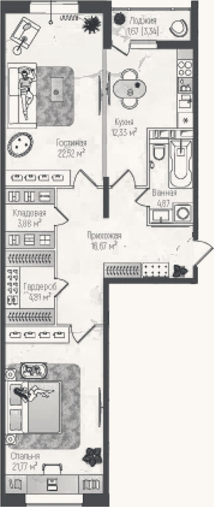 Планировка: 2-к, 86,9 м²