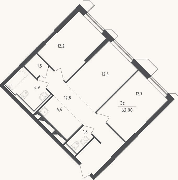 Планировка: 3-к, 62,9 м²
