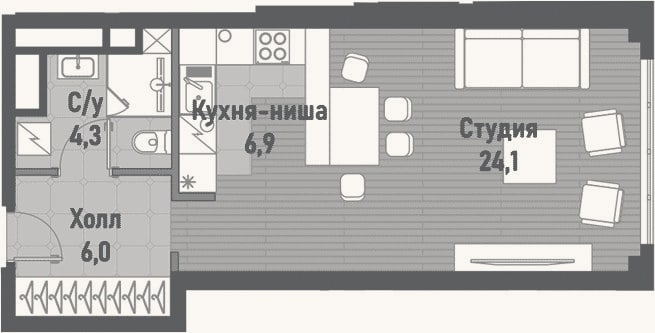 Планировка: Студия, 41,3 м²