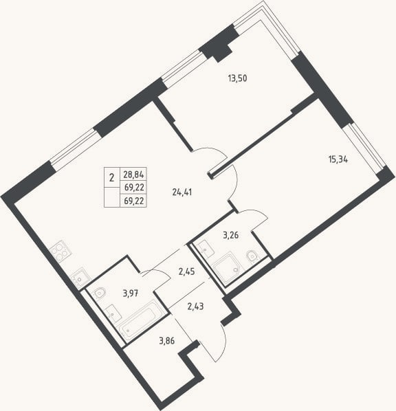 Планировка: 3-к, 69,2 м²