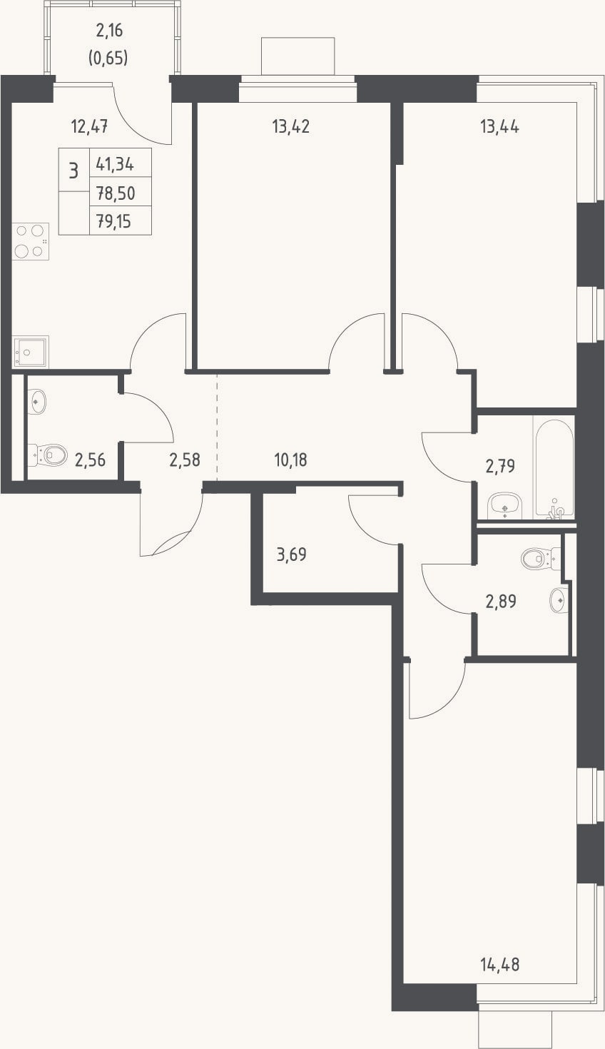 Планировка: 3-к, 78,5 м²