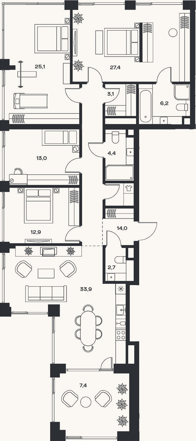 Планировка: 4+ к, 152 м²
