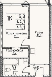 Планировка: 1-к, 44,1 м²