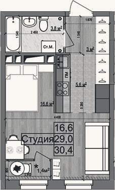 Планировка: Студия, 29 м²