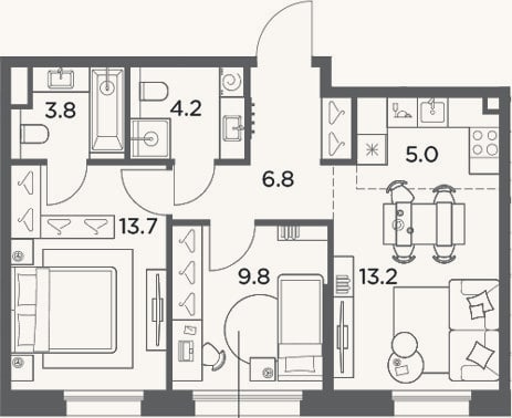Планировка: 3-к, 56,5 м²
