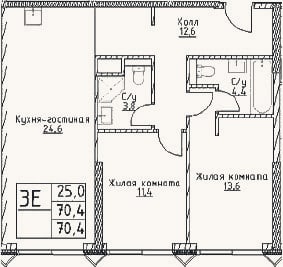 Планировка: 3-к, 70,4 м²