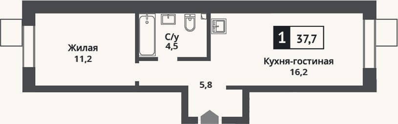 Планировка: 2-к, 37,7 м²