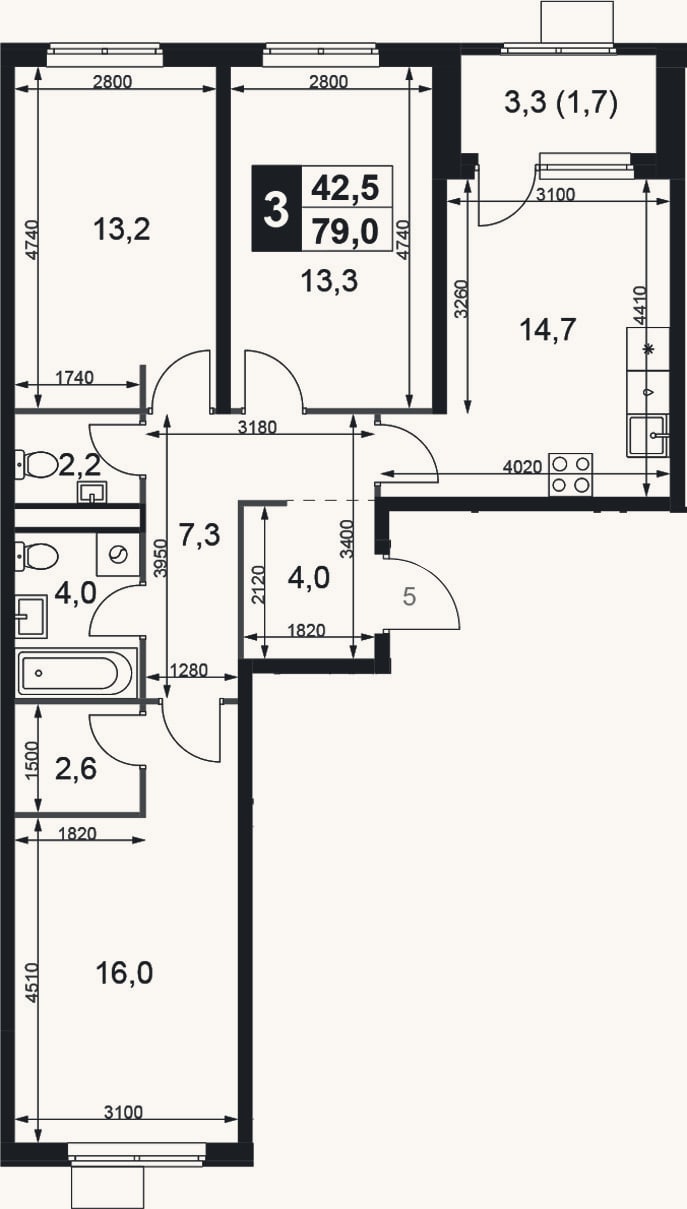 Планировка: 3-к, 77,3 м²