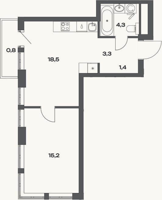 Планировка: 2-к, 42,9 м²