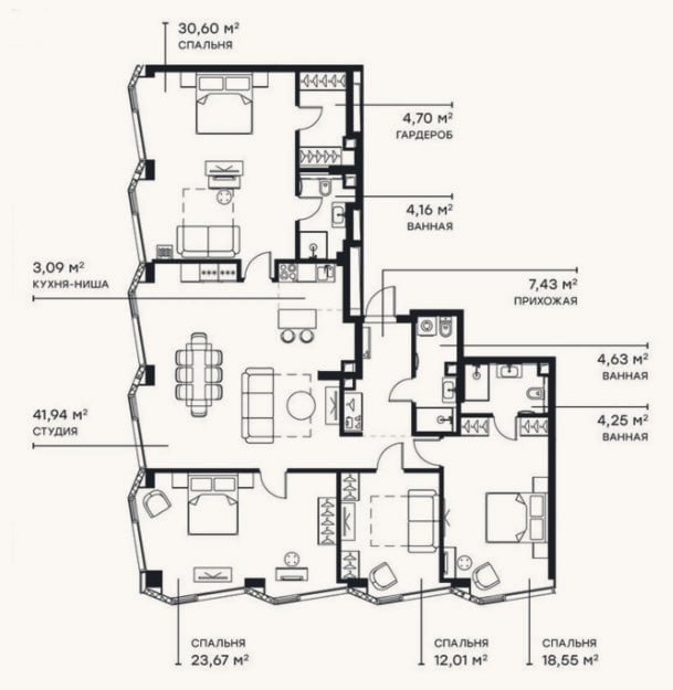 Планировка: 4+ к, 154,9 м²