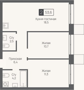 Планировка: 3-к, 53,6 м²