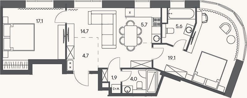 Планировка: 3-к, 72,8 м²