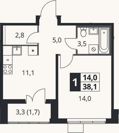 Планировка: 1-к, 36,4 м²