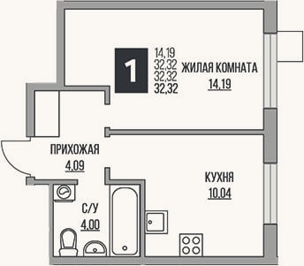 Планировка: 2-к, 32,3 м²