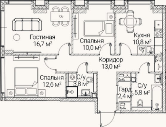 Планировка: 3-к, 75,1 м²