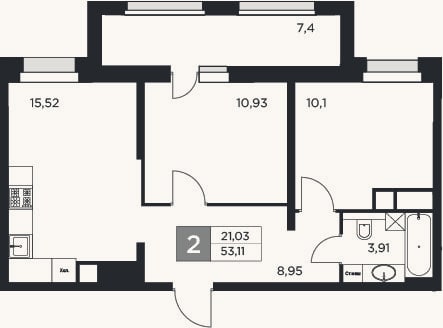 Планировка: 3-к, 49,4 м²