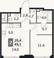 Планировка: 2-к, 45,1 м²