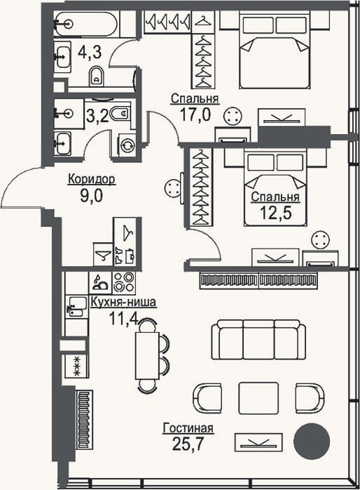 Планировка: 3-к, 83,1 м²