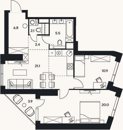 Планировка: 3-к, 68,8 м²