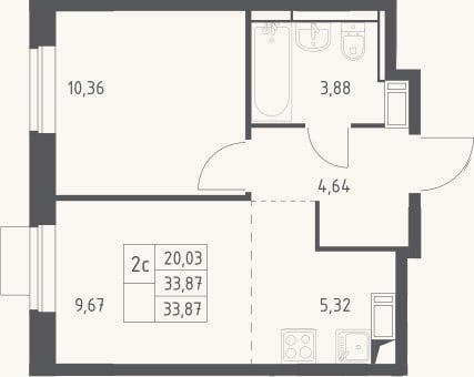 Планировка: 2-к, 33,9 м²