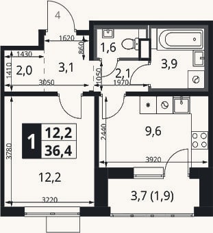 Планировка: 1-к, 34,5 м²