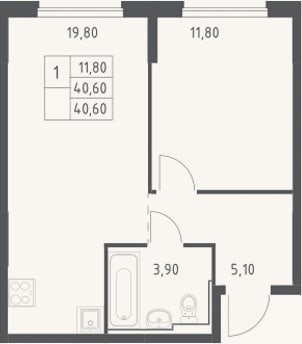 Планировка: 2-к, 40,6 м²
